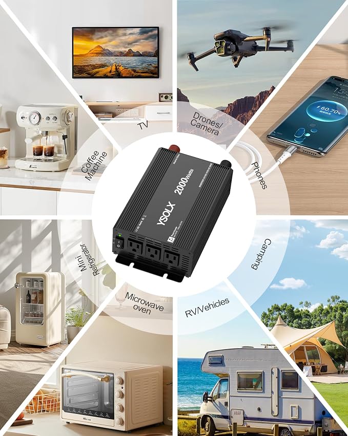YSOLX 2000W Power Inverter 12V to 110V, DC to AC Inverter with 3 AC Outlets for RV Truck Camping, Home Emergency Use (4000W Peak)
