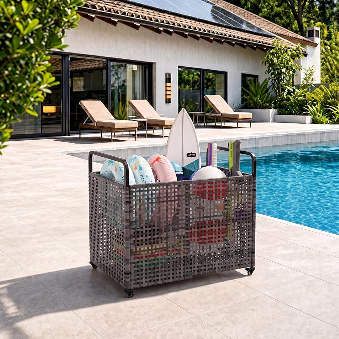 TrailBlaze Heavy-Duty Outdoor Pool Float Storage Bin – Large Mesh Organizer with Wheels & Handrail – Weather-Resistant PE Rattan – Locking Casters – Patio Poolside Storage Bench – Size: 85×66×91cm,