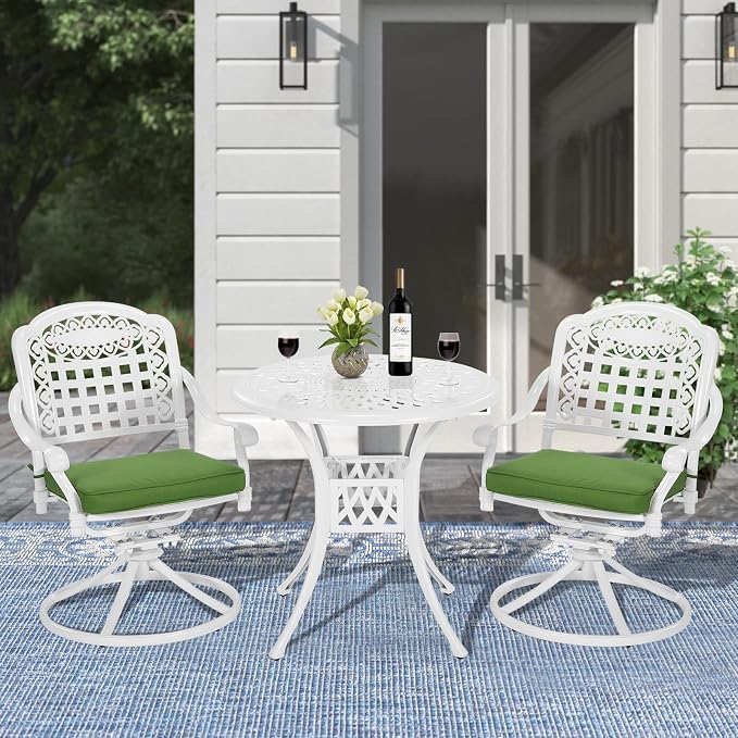 MEETWARM 3-Piece Outdoor Patio Dining Set, All-Weather Cast Aluminum Patio Conversation Set with 2 Cushions Swivel Rocker Chairs and 31" Round Table for Backyard Garden Deck, Umbrella Hole, White