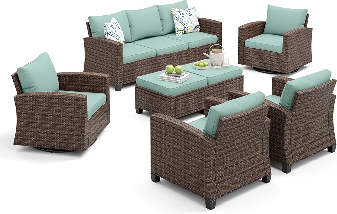 MIXPATIO Patio Furniture Set, 7 Pcs Wicker Rattan Outdoor Conversation Set, 2 x Leg Chairs, 2 x Swivel Chairs, 1 x 3 Seater Sofa and 2 x Ottoman with 4" Thick Cushion for Garden Backyard Deck, Blue