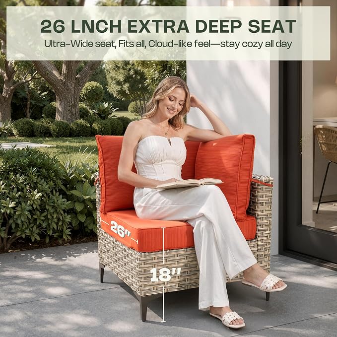 5 Piece Outdoor Sectional Patio Furniture Set with Solar Lighted Coffee Table, Modular Wicker Conversation Set with Flexible L-Shaped Layout for Porch Balcony Backyard, Orange