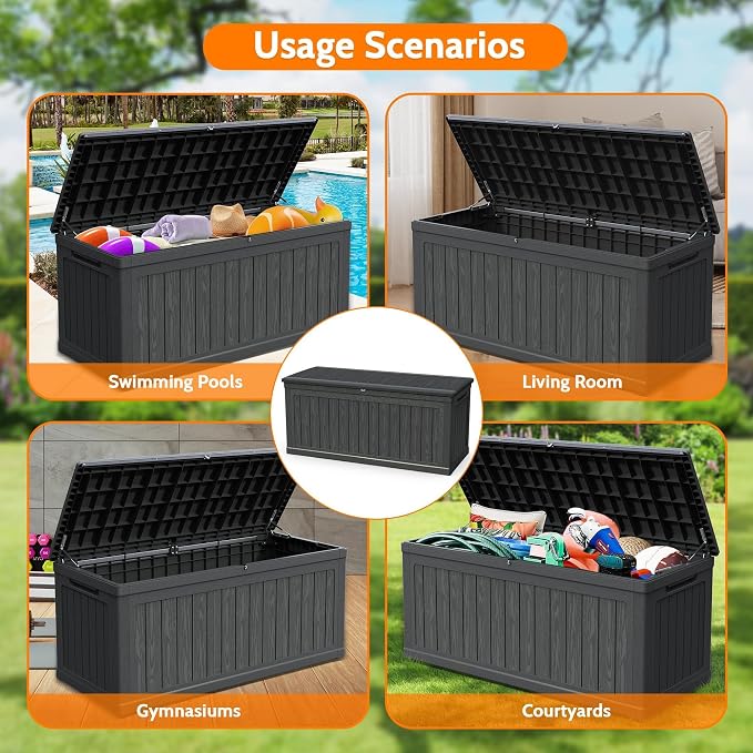 320 Gallon Waterproof Outdoor Storage Box, Lockable Deck Boxes With Handle, Indoor and outdoor Resin Storage Box for Garden Tools, Patio Cushions, Package Delivery, Black