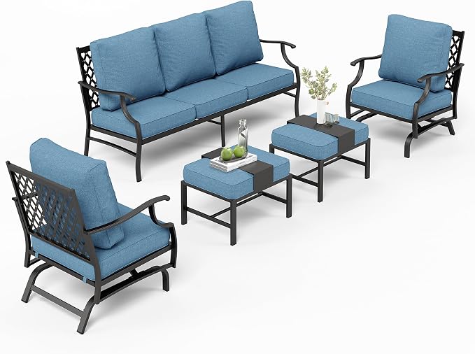 MIXPATIO Patio Furniture Set 5 pcs, Outdoor Patio Furniture Set, 3-Seat Sofa, 2 Rocking Chairs, 2 Ottomans and 5.75" Extra Thick Cushions, Conversation Set for Backyard Deck,Navy Blue