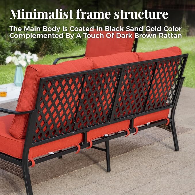 MIXPATIO Patio Furniture Set with Fire Pit Table, Metal Outdoor Conversation Set with 2 x Fixed Chairs, 2 x Rocking Chairs, 1 x 3-Seat Sofa for Lawn Garden Backyard, Red
