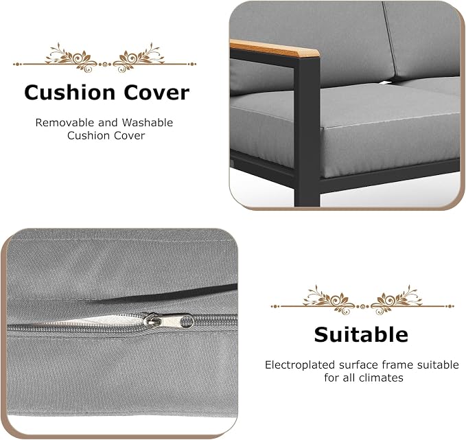 4-Piece Outdoor Patio Furniture Set, Metal Conversation Sofa Set with Deep Cushions & Wood-Like Armrests, Modern Patio Seating with Coffee Table for Garden, Porch, Balcony, Backyard (Grey)