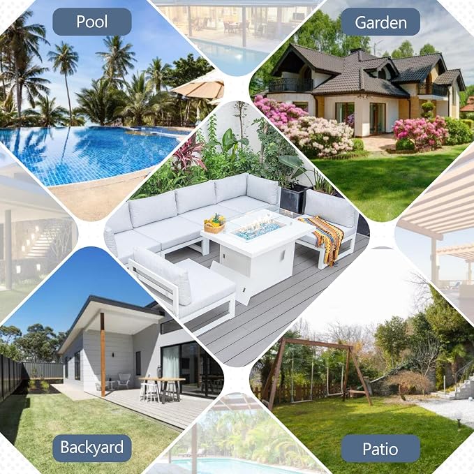 RADIATA 9 Pieces Aluminum Patio Furniture Set with Fire Pit Table, Modern Outdoor Sectional Sofa, Large Conversation Seat with Thick Cushion for Garden Backyard Deck Porch (White)