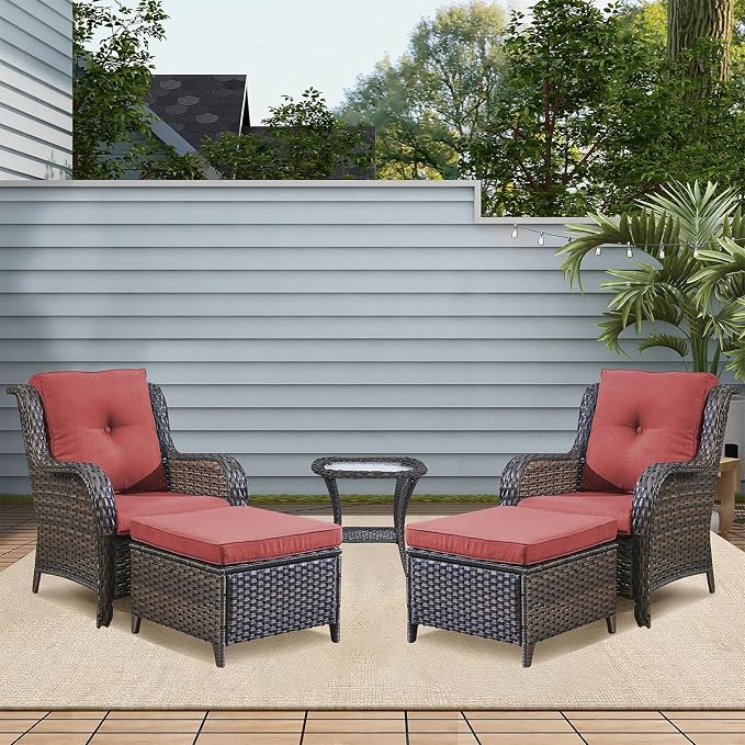 Rilyson Outdoor Patio Furniture Chairs Set - 4 Piece Wicker Rattan Patio Sectional Conversation Sets with 2 Chairs and 2 Ottomans for Porch Deck Balcony Garden(Brown/Red)