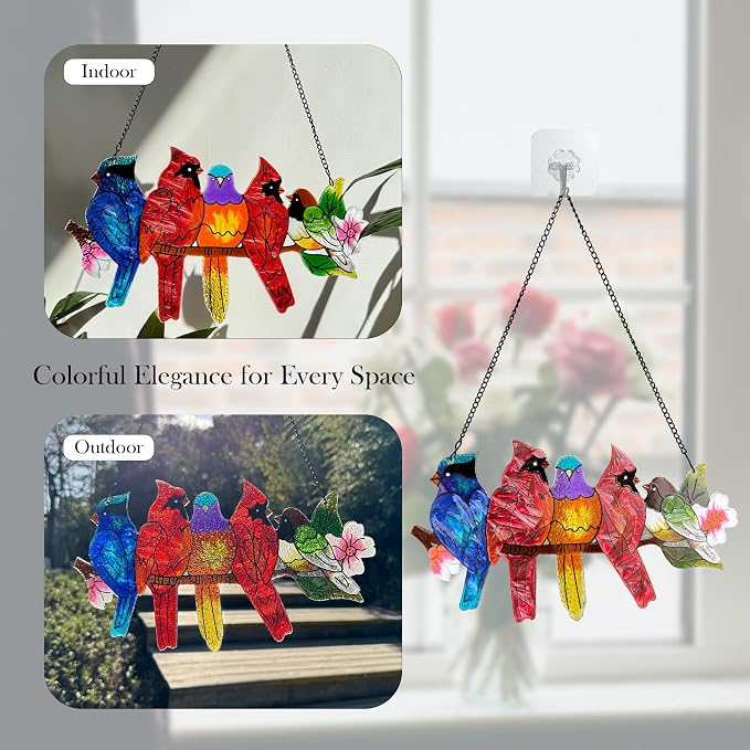 DASTOLL Stained Glass Window Hanging - Large Stained Glass Birds on Branch, Birds Sun Catchers Indoor Window with Chain and Hook Gifts for Bird Lover, Mom, Grandma, Stocking Stuffers for Women