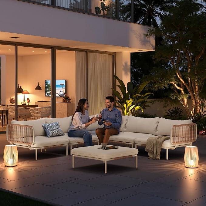 Patio Furniture Set, Outdoor Patio Furniture Oversized Metal Single Sofa, 2-seat Conversation Set with Cushion for Indoor and Outdoor, White Frame and Beige Mat, (2 Seats 2 Armrests)