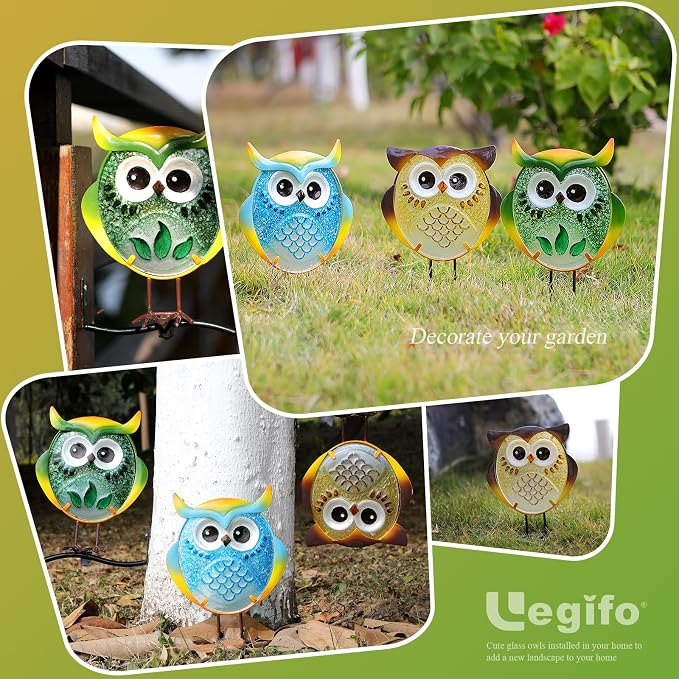 LEGIFO Owl Garden Decor for Outside, Stand & Tree Hugger Outdoor Owls Stakes Yard Art Set of 3, Funny Metal & Glass Stake Gifts for Grandma Mom Women