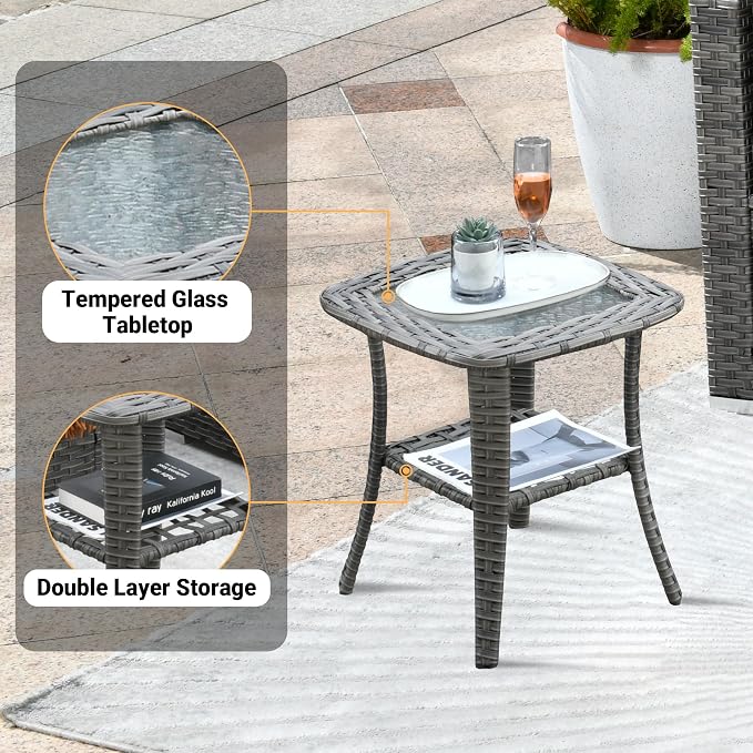 Weaxty 8 Piece Outdoor Sectional with Fire Pit Table, All Weather Wicker Patio Furniture Set with Swivel Rocker Chair Coffee Table, Thick Cushion Couch Conversation Sets for Garden Deck Backyard Beige