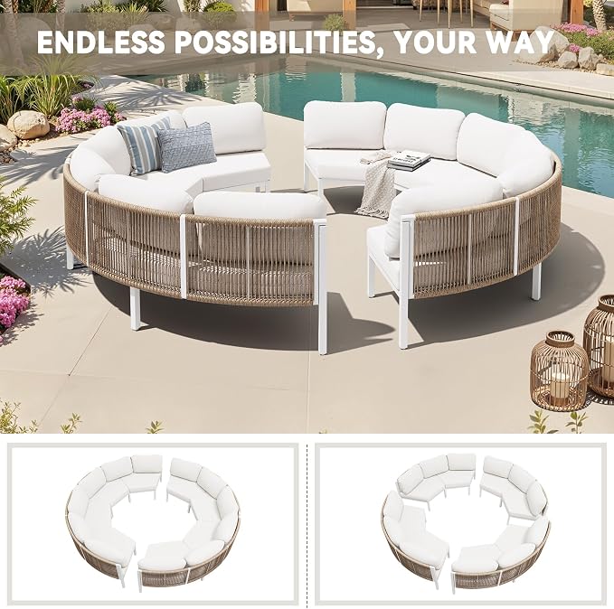 Crestlive Products Curved Patio Furniture Set, Modular Half Moon 8-Seater Sofa, Aluminum Outdoor Sectional with 5-Inch Water-Resistant Cushions, All Weather Couch for Backyard, Deck, Porch, Poolside