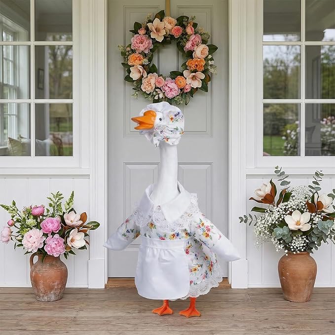 Spring Porch Goose Outfit Flower Porch Goose Clothes for 23 Inch Lawn Cement or Plastic Geese Statue Geese Skirt Costume with Hat Dress for Spring Outdoor Patio Yard Garden Holiday Decoration