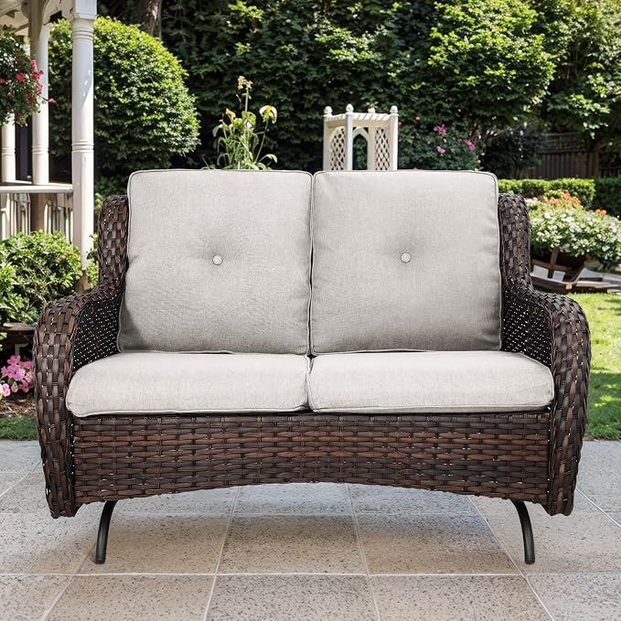 Patio Loveseat Wicker Loveseat Rattan Glider Sofa with Curved Armrest Thicking Back & Seat Cushions for Garden Balcony Backyard Brown Wicker|Beige Cushions (A) Patio Loveseat Glider
