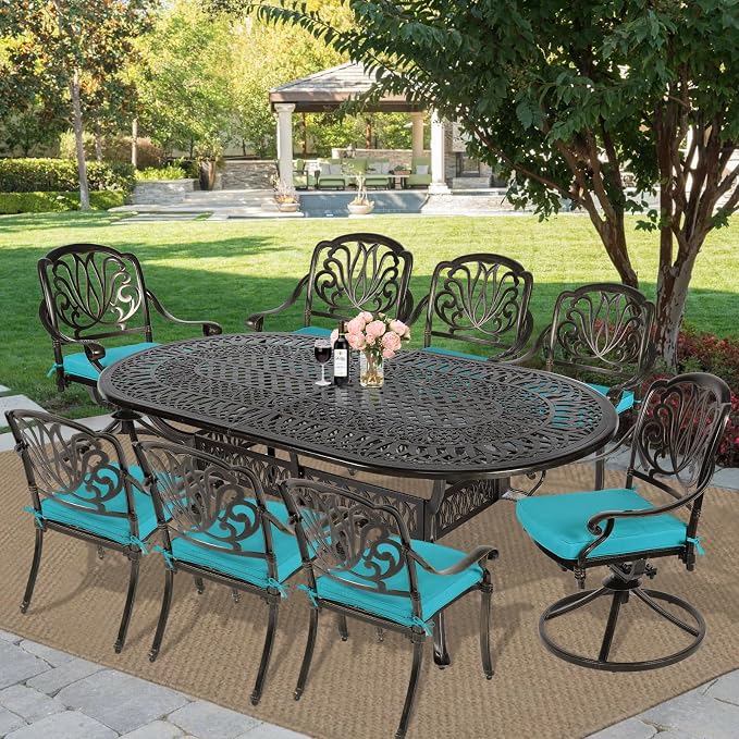 MEETWARM 9-Piece Outdoor Patio Dining Set, All-Weather Cast Aluminum Patio Conversation Set with 2 Swivel Rocker Chairs, 6 Stationary, 1 Oval Table, 8 Cushions, 2" Umbrella Hole, Ocean Blue