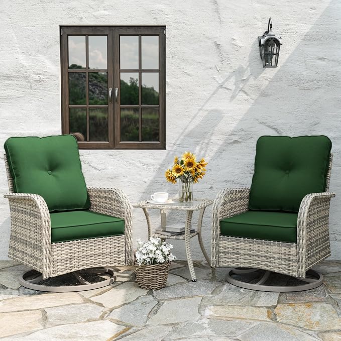 9-Piece Patio Rocking Swivel Chair Outdoor Wicker Rattan Bistro Set with Tempered Glass Side Table, Outdoor Patio Furniture Set for Garden, Deck, and Balcony, Green