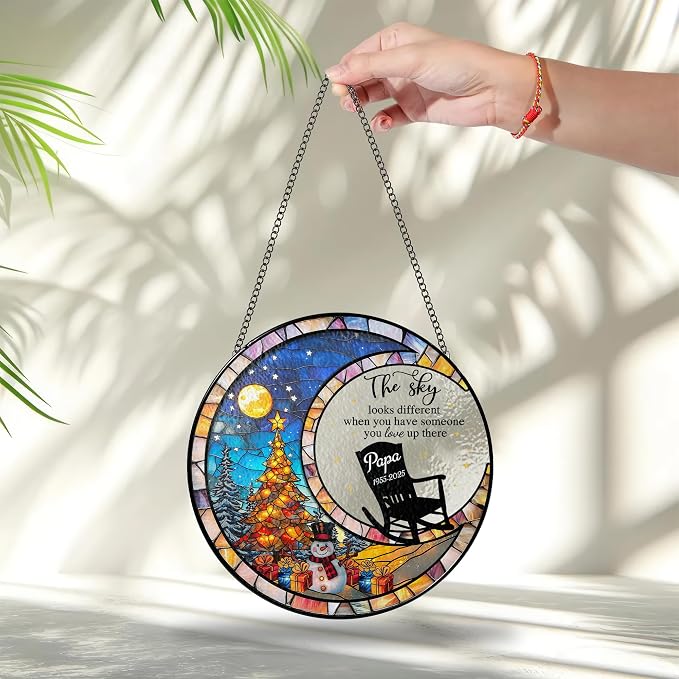 Personalized Memorial Stained Glass Suncatcher — “Forever in Our Hearts” Christmas Ornament, in Loving Memory Gift, Custom Photo Remembrance Keepsake for Loss of Loved One