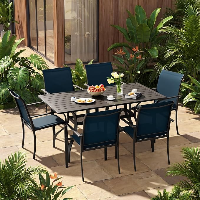 7-Piece Patio Dining Set,6 Person Outdoor Table and Chairs Set, 6 Metal Dining Chairs and Rectangular Outdoor Table with 1.57" Umbrella Hole,Blue