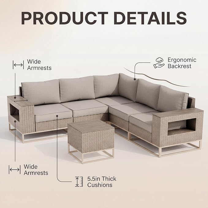 Outdoor Patio Furniture Set 12-Piece PE Rattan Wicker Outdoor Sectional Sofa with Thickened Cushions and Chunky Arms, Modern Modular L-Shaped Conversation Set for Garden, Backyard, Greige