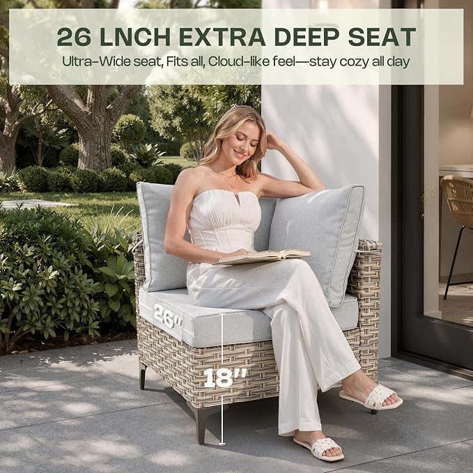 5 Piece Outdoor Sectional Patio Furniture Set with Solar Lighted Coffee Table, Modular Wicker Conversation Set with Flexible L-Shaped Layout for Porch Balcony Backyard, Light Gray