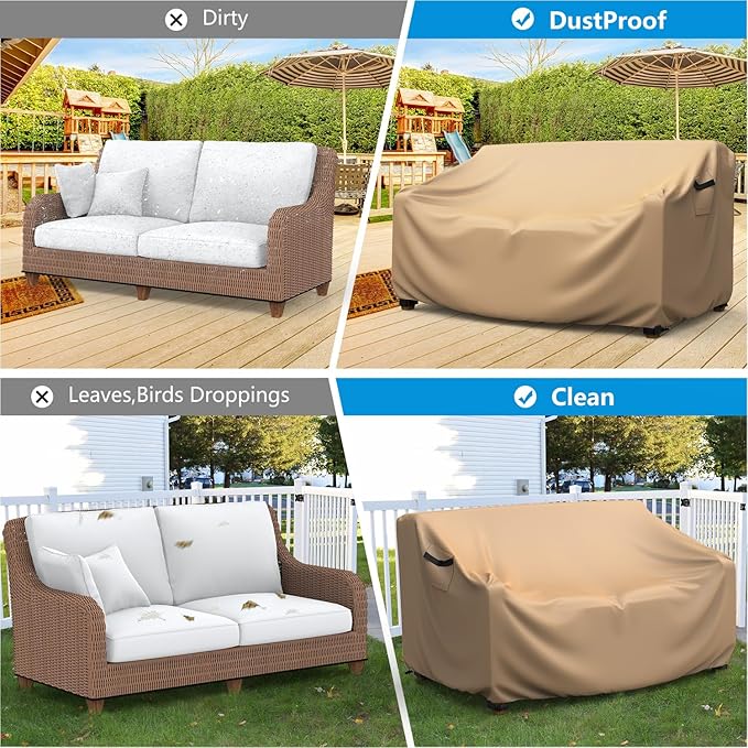 Heavy Duty Patio Sofa Cover, Mrrihand 2-Seater Outdoor Sofa Loveseat Cover, Outdoor Patio Furniture Cover with Air Vent and Handles, 104" W×40" D×35" H, Brown