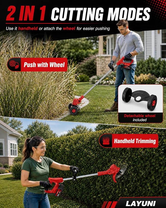 Cordless Weed Wacker with Wheels, 880W Electric Weed Eater with 2 x Batteries, 3-in-1 Battery Powered Grass Trimmer/Brush Cutter with 5 Types Saw Blades, Lightweight for Lawn & Garden