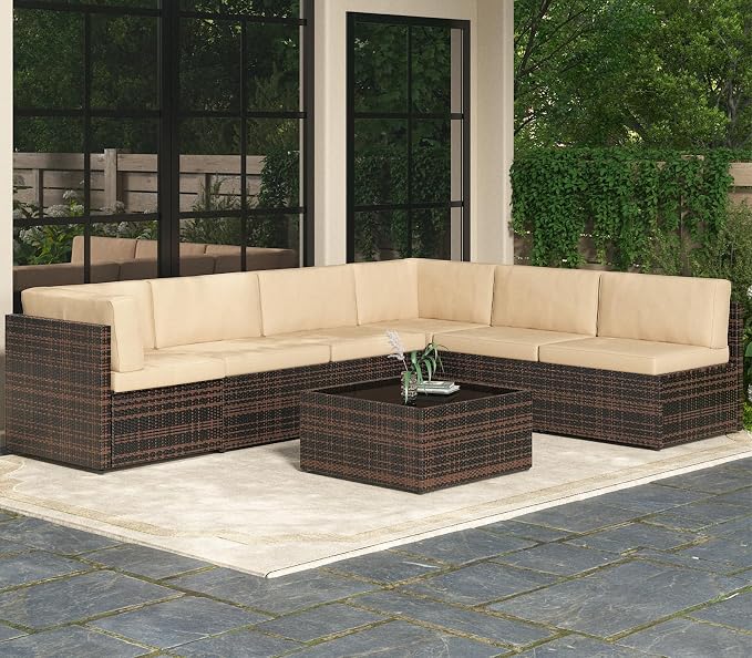 AECOJOY 7 Piece Outdoor Patio Furniture Set, Outdoor Sectional Conversation Furniture Chair with Coffee Table,Patio Sectional for Garden,Backyard(Khaki Cushions and Brown PE Rattan)