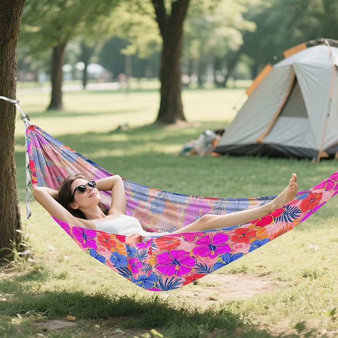 Camping Hammock Outdoor Hammocks for Outside Purple Flower Hibiscus Beach Trees Portable Lightweight with Pockets Tree Straps Indoor
