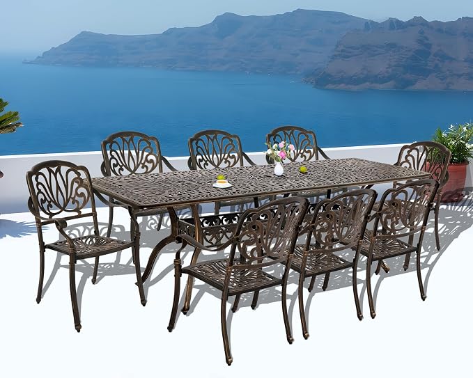 TITIMO 9-Piece Cast Aluminum Patio Furniture Set, Outdoor Patio Dining Set Bistro Conversation Set, All-Weather Rectangular Dining Table Set w/Umbrella Hole (Bronze-Fixed Elizabeth Chair, 9 Pcs)