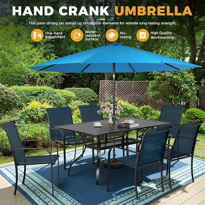 Incbruce 8 Pieces Patio Dining Set with Sky Blue Umbrella, Outdoor Dining Set of 6 Textilene Chairs and Rectangle Table with Umbrella Hole for Backyard, Garden, and Poolside (Blue)