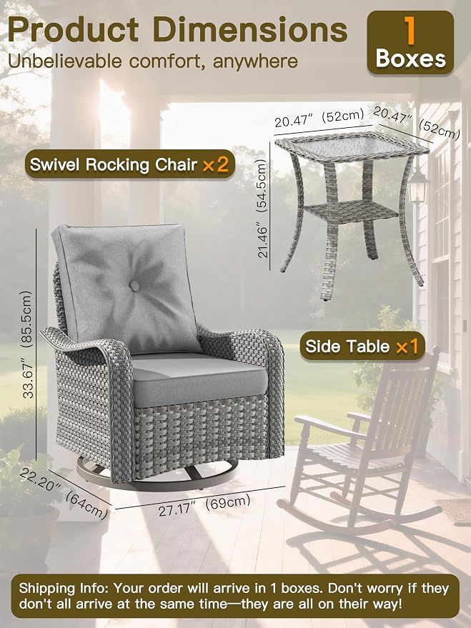 3-Piece Patio Furniture Set, Outdoor Swivel Rocking Chairs with 4" Thick Cushions & Side Table, All-Weather PE Rattan & Rust-Resistant Steel Frame Conversation Set for Porch, Garden, Backyard, Grey