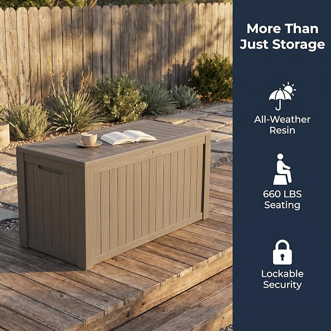 178 Gallon Resin Deck Box with Gas Lift Support – Outdoor Storage for Patio Furniture, Garden Tools & BBQ Accessories – Weatherproof Wood Grain Design with 660 Lbs Bench Seat (Lockable Lid)