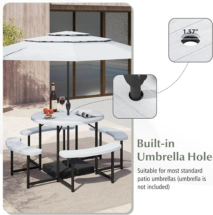 Byroce 6-8 Person Picnic Table for Outdoors, HDPE Picnic Table Set with 4 Benches, Umbrella Hole & Metal Frame, Heavy Duty Round Dining Table Chairs for BBQ Party in Patio, Yard & Poolside (White)