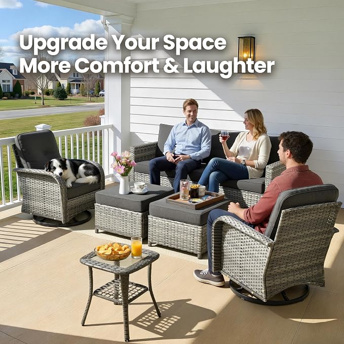 6 Piece Wicker Patio Furniture with Swivel Rocker Chair, Black | High Back Swivel Rocker Chairs, Outdoor Sofa Ottoman, Heavy Duty, All Weather Rattan Modern Conversation Sets, Deck Backyard