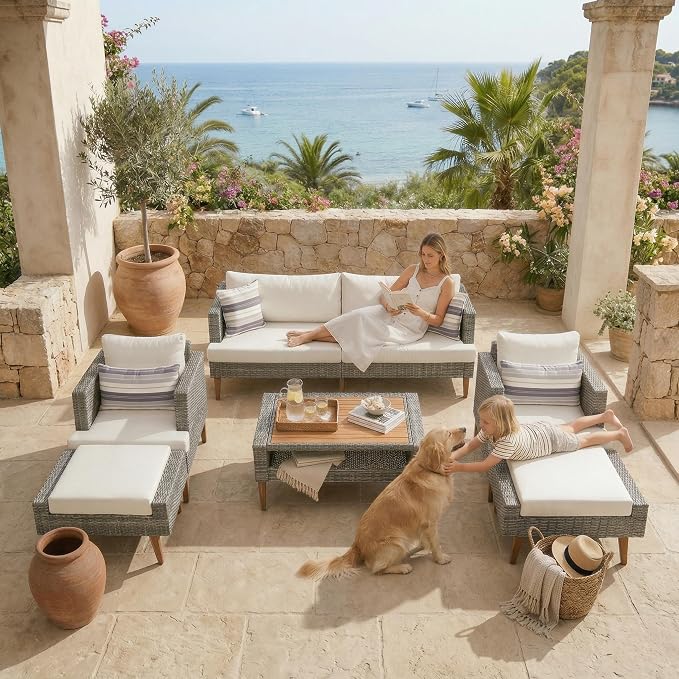 6 piece Outdoor PE Wicker Sofa Set, Outdoor Sectional Conversation Sofa with Double Cushions, Solid Wood Legs & Table Top, Patio Furniture Set for Backyard, Balcony, Gray+Beige