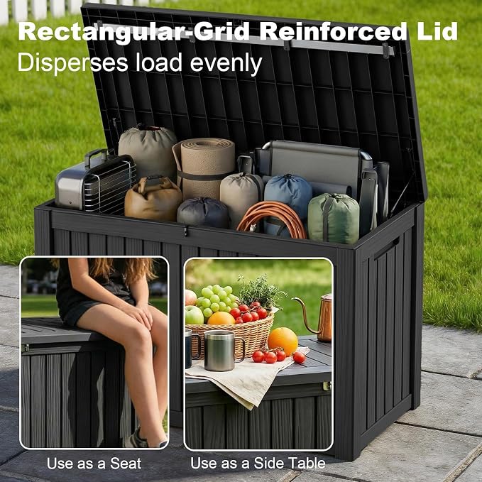 ROJIK 180 Gallon Waterproof Outdoor Deck Storage Box, Lockable Resin Patio Storage Bin with Lid for Garden Tools, Patio Cushions & Outdoor Accessories(Black)