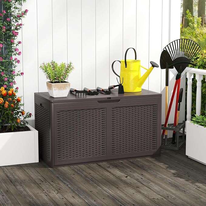Tangkula 100 Gallon Outdoor Storage Box, Lockable Outdoor Storage Bench with 2 Smooth Wheels, Faux Rattan Surface, Waterproof Resin Deck Box for Outside Poolside Patio Garden (Brown)