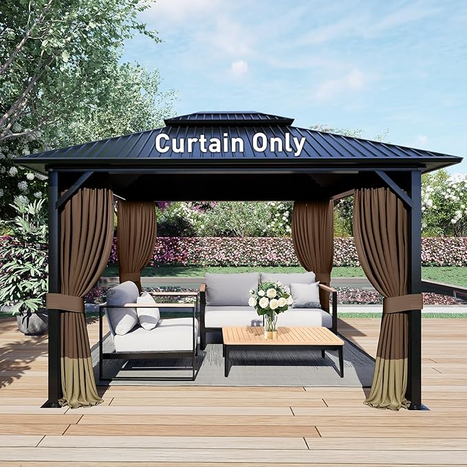 Aoodor 12x14 ft Outdoor Gazebo Curtains, 4 Panels Waterproof Privacy Sidewall Replacement with Zipper for Patio Pergola and Canopy, Brown and Khaki