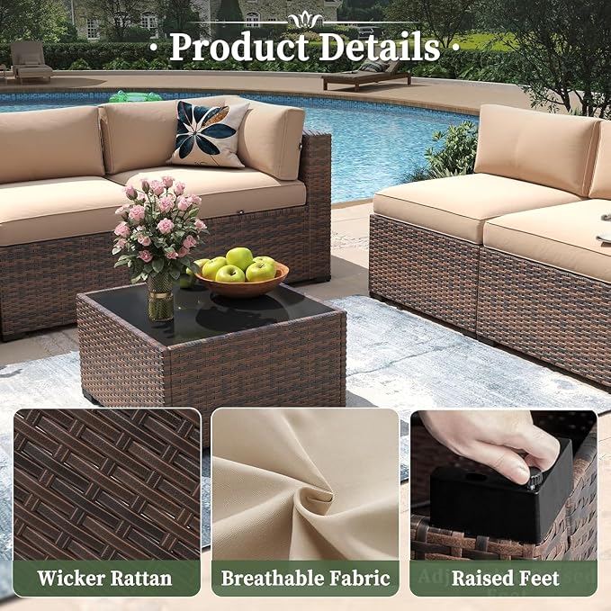 14 Piece Wicker Rattan Patio Furniture Set with Outdoor Sectional Sofa, Modular Conversation Seating, Coffee Table and Thick Cushions, PE Wicker Lounge Set for Deck, Garden, Backyard, Porch or Poolsid