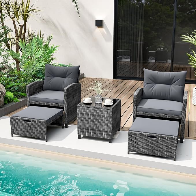 COSTWAY 5-Piece Rattan Conversation Set, Outdoor Wicker Sofa, Tempered Glass Coffee Table & Ottomans for Small Space, Boho Chic Indoor/Outdoor Furniture Set for Poolside, Backyard, Deck (Grey)