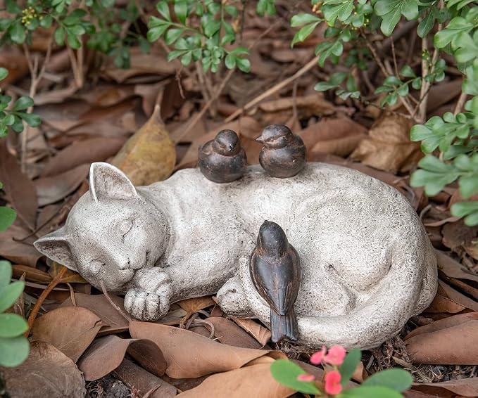Sleeping Cat Garden Statues Outdoor - 12" Sparrows On Cat Figurine Memorial Statue Grave Markers Garden Resin Statues for Outdoor Decor Outdoor Statue Resin 12" x 8" x 4.5"