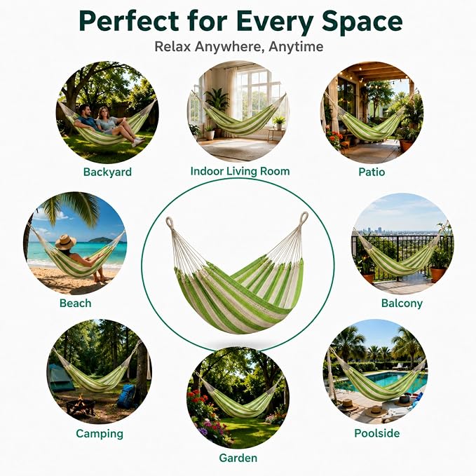 Hammock for 1-2 Person, 475 lbs Capacity – Handwoven Mexican Hammock, 100% Soft Cotton – 9.8 ft Mayan Hammock for Patio, Backyard, Indoor & Camping – Medium, Light Green