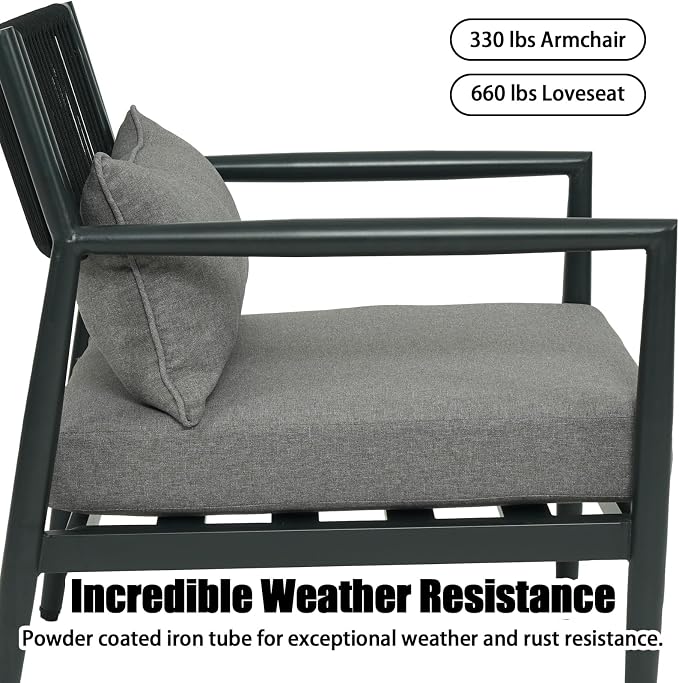 Outdoor Patio Furniture Set, 4 Seats Outdoor Sectional with Coffee Table, Patio Conversation Sets with PE Rope, Outdoor Sectional Sofa with Thick Cushions for Balcony, Porch (Dark Gray)