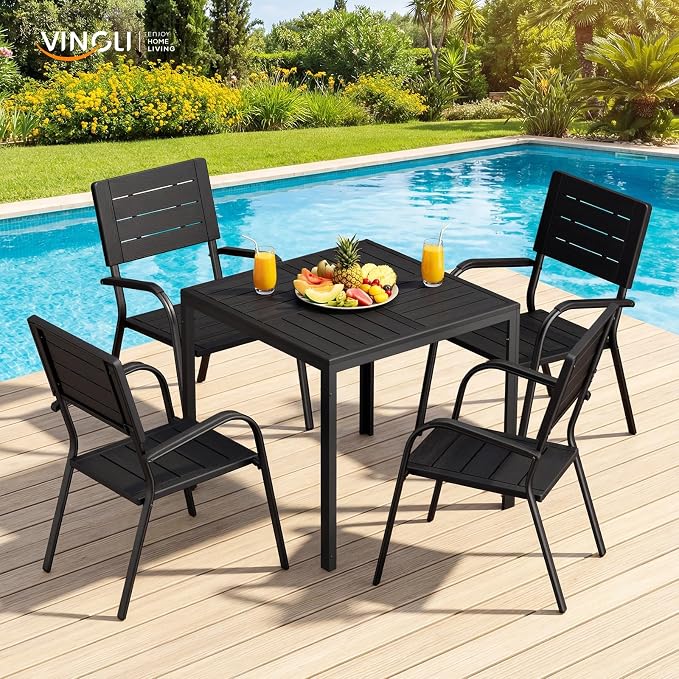 VINGLI Outdoor Patio Dining Chairs, Stackable HDPE All-Weather Arm Chairs, Weatherproof Outdoor Seating for Garden, Backyard, Poolside, Balcony,Black (2 Pack)
