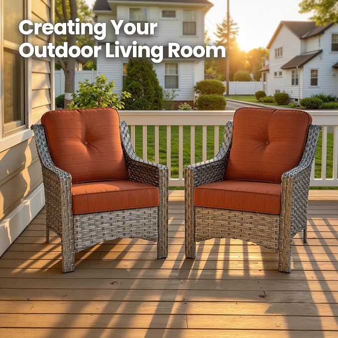 2 Piece Patio Furniture Set, Outdoor Wicker Chairs Set of 2 with Thick Cushion, Heavy Duty High Back Comfortable Chair for Small Balcony Porch Garden, Orange
