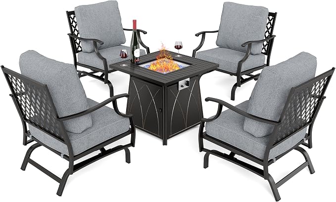 SUNSHINE VALLEY 5 Piece Metal Outdoor Patio Furniture Set with Fire Pit Table, Patio Conversation Sets 4 Rocking Chairs with 5.75" Thick Cushion and 5000 BTU Fire Pit Table, Backyard Furniture, Gray