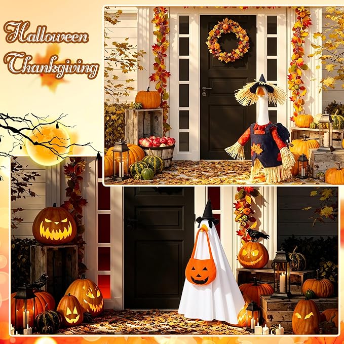 FuWeave 8 Set Holiday Porch Goose Outfits Summer Fall Halloween Christmas Winter Thanksgiving Valentine St. Patrick Easter Lawn Porch Goose Clothing for Patio Yard Decor(Style11,23 Inch)