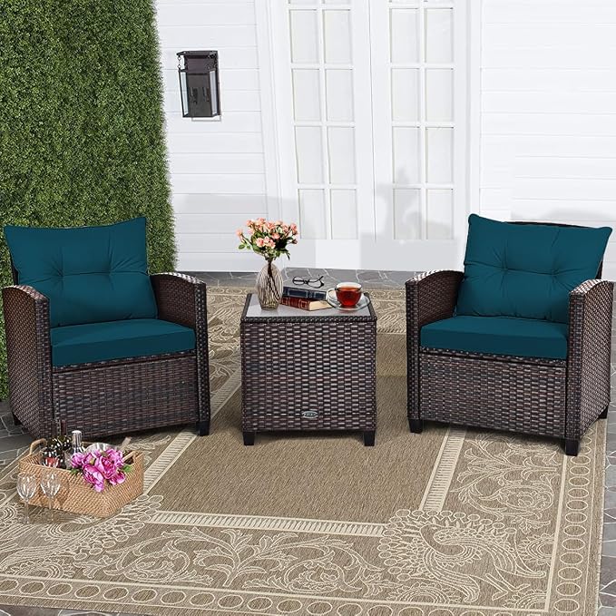 DORTALA Wicker Patio Furniture Set 3 Piece, Outdoor Table and Chairs with Tempered Glass Tabletop, Cushions, Small Rattan Conversation Sofa Set for Balcony, Porch, Backyard, Deck, Peacock Blue