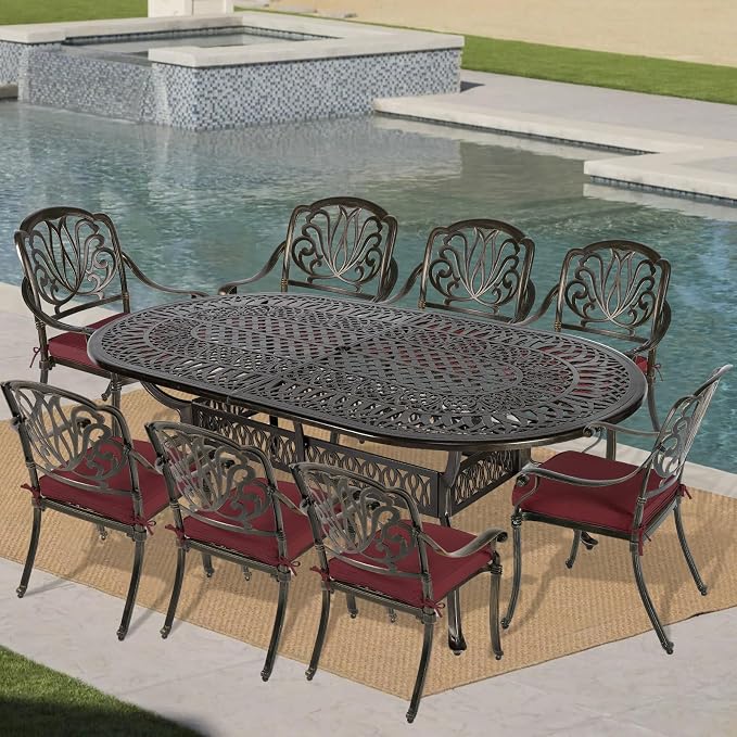 VIVIJASON 9-Piece Outdoor Furniture Dining Set, All-Weather Cast Aluminum Patio Conversation Set, Include 8 Cushioned Chairs and an Oval Table with Umbrella Hole for Balcony Lawn Backyard, Red Cushion