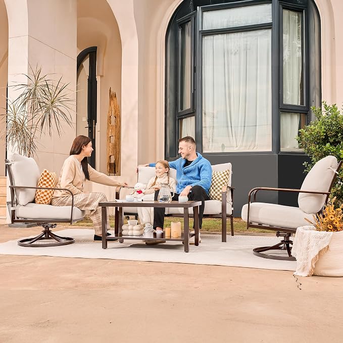NATURAL EXPRESSIONS 4 Pieces Patio Furniture Sets,Modern Metal Outdoor Conversation Sofa Sets with High Back Swivel Rocking Chairs,Loveseat,Double-Deck Wooden-Grain Metal Table, 6" Cushions Beige